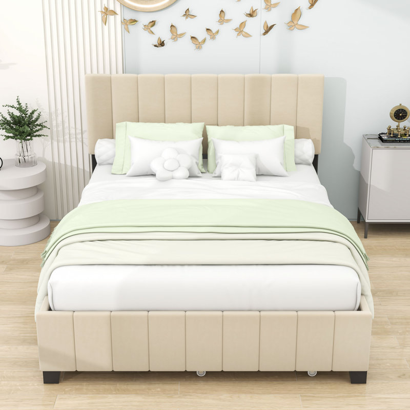 Grand lit plateforme tapissier avec tête de lit, deux tiroirs de rangement et lit gigogne simple TG, Beige