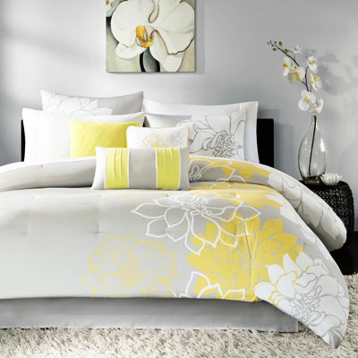 Literie pour très grand lit, coton imprimé taupe gris / jaune avec coussins brodés et édredon lavable à la machine