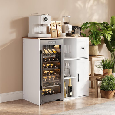 Armoire à café de 40 po avec prise de courant intégrée, mini-support de réfrigérateur avec tiroir, tablettes de rangement ouvertes et armoire fermée pour la salle à manger de cuisine