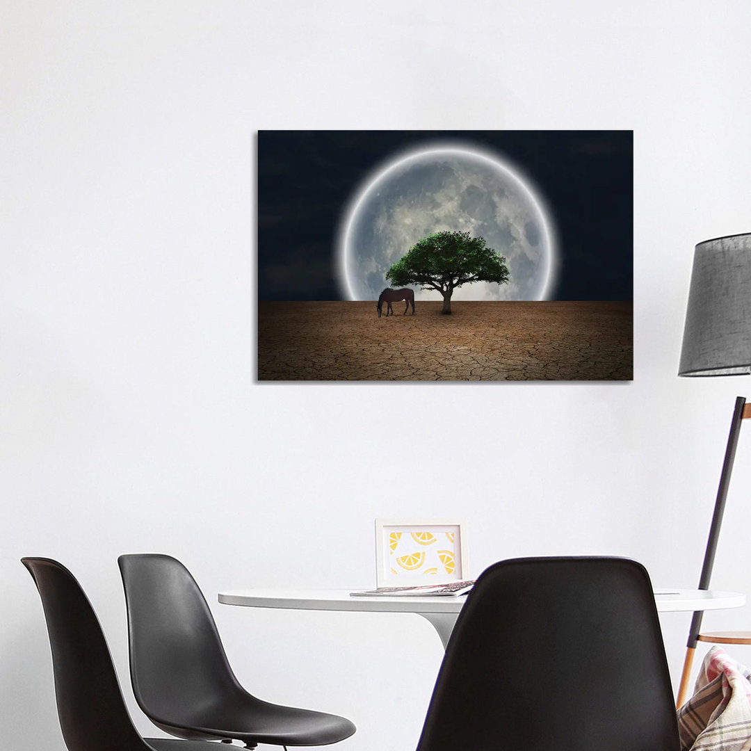 Surrealism Horse Grazes Near Green Tree In Arid Land Full Moon At The Horizon von Bruce Rolff - No Frame Gallery-Wrapped...