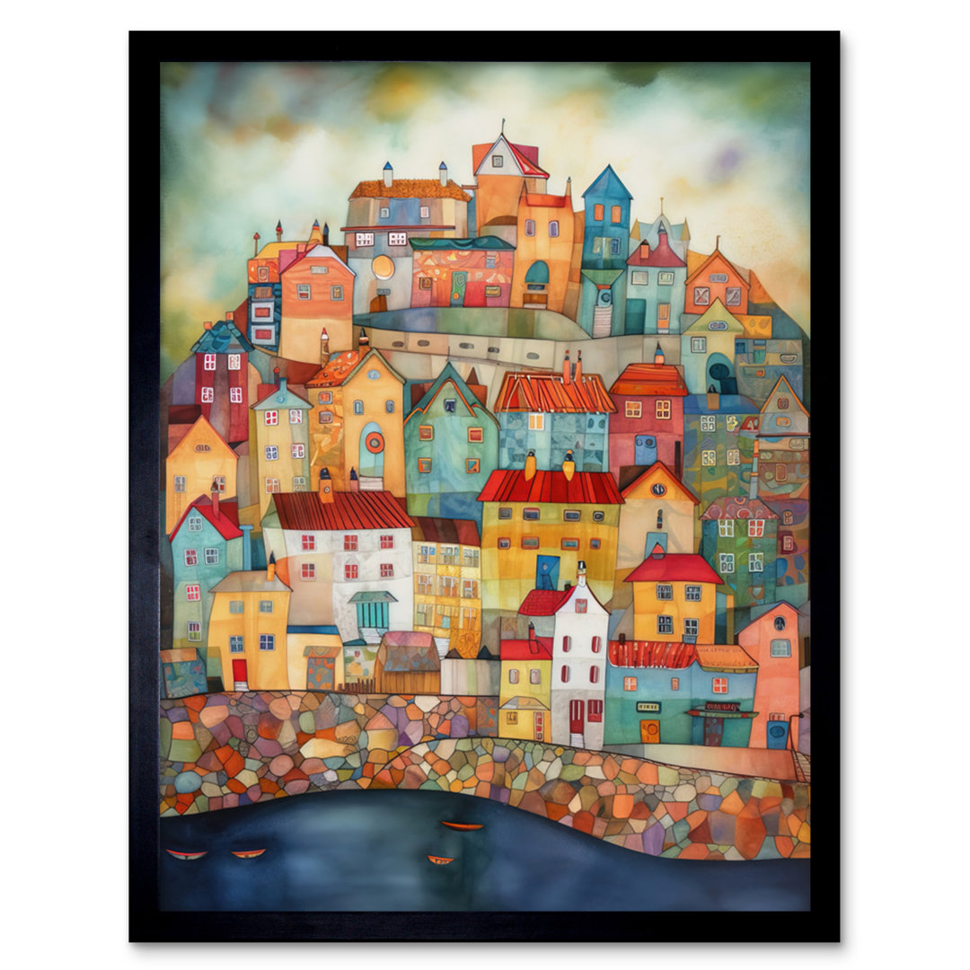 Home By The Sea Folk Art Artwork Framed Wall Art Print 9X7 Inch