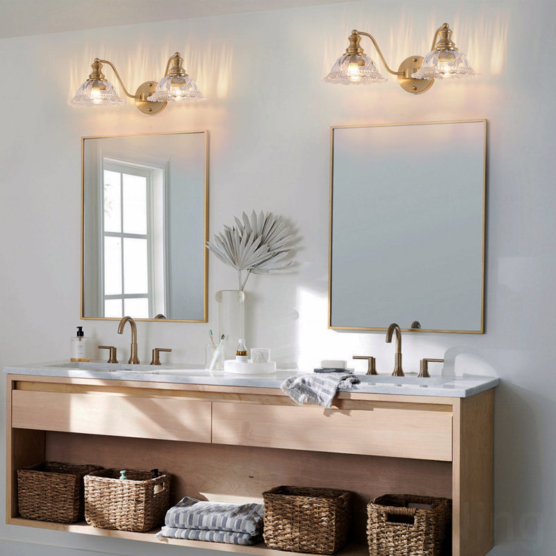 Applique murale 1 pièce pour salle de bain 2 lumières rétro 20 ", métal doré et luminaire en verre (ampoule non incluse)
