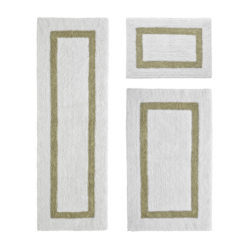 Ensemble de tapis de salle de bain réversible 100% coton ultra doux 3 pièces Atle, Blanc / Sauge