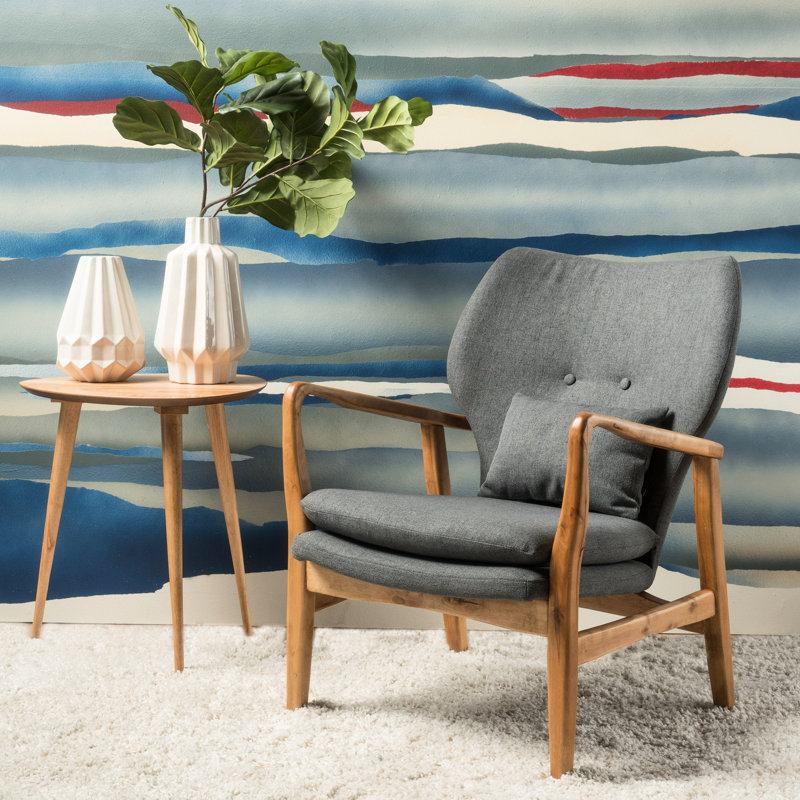 Fauteuil à boutons Mid-Century - gris, attrayant fauteuil club moderne en bois gris avec coussin décoratif, Gris