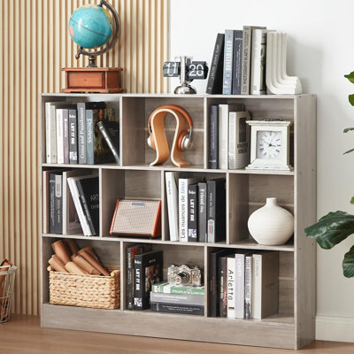 10 Cube Bookshelf with Base,3 Tier Mid-Century Modern Bookcase,Standing Wide Bookshelves Storage Organizer Shelf,Rustic Wood Display Cabinet Book Shelves for Bedroom,Living Room,Office