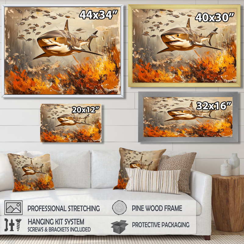 Natation beige requin Resilience II - Shark Wall Art Living Room, H 12 po x l 20 po, Black