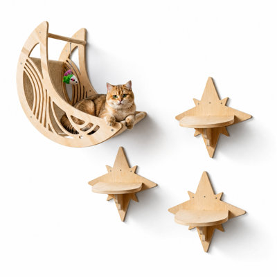 Lit mural pour chat en forme de lune, hamac flottant en bois naturel, perchoir en bois avec jouet suspendu, meuble mural gain de place pour les chatons se reposant, jouant et faisant la sieste à l'intérieur