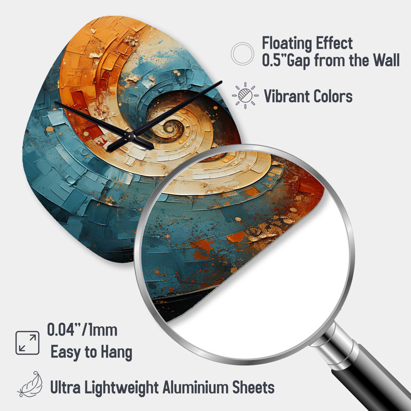 Orange bleu sarcelle abstrait spirales I - horloge murale en forme de spirale abstraite unique, Grand