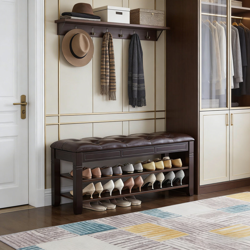 Padded Solid Wood Entryway Storage Bench, 18.9" H x 39.4" W x 13.8" D