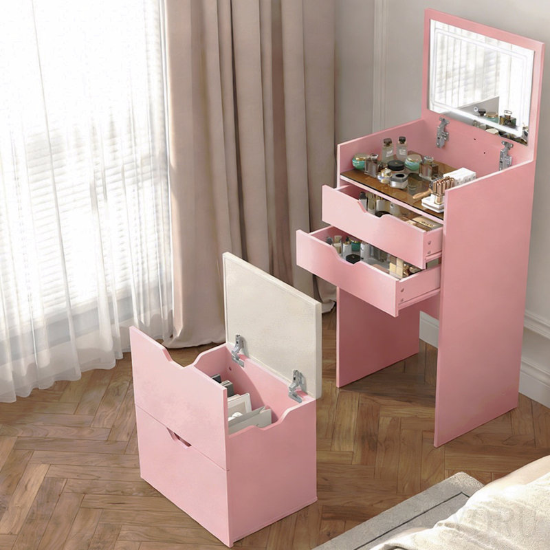 Dressing Table And Stool, 3-In-1 Multifunctional Dressing Table Set, Featuring Three-Color Lighting Modes, Hd Mirror, Two Sliding Drawers, And A Hidden Storage Stool.