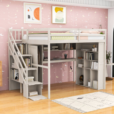 Lit mezzanine double avec escalier intégré, bureau et éclairage DEL