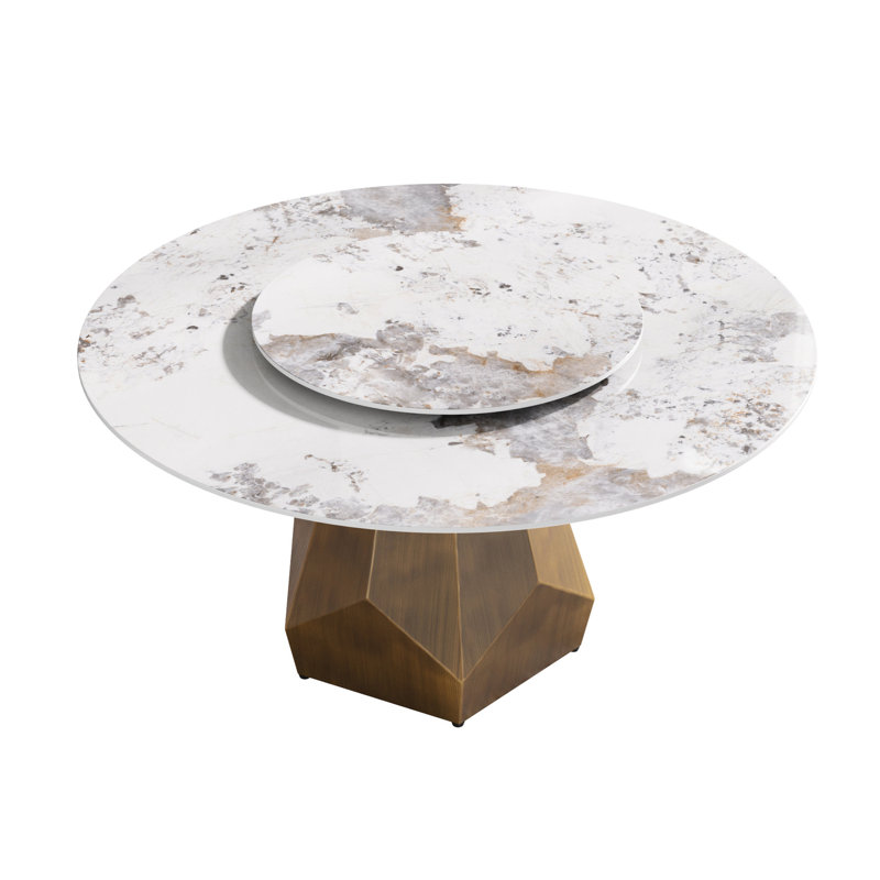 Table ronde en pierre frittée de 58,79 po avec base en métal, disque rotatif blanc de 31,5 po, 8 places, table en laiton antique, rotation de 6 à 8, laiton, touche moderne