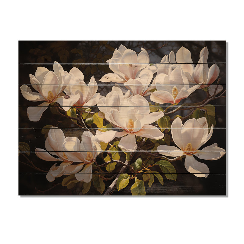 «Magnolias» sur fond blanc, H 24 po x l 32 po x P 0,78 po