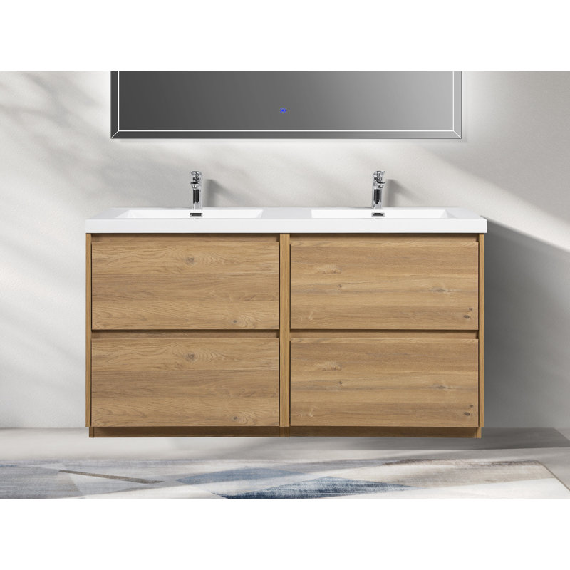 Meuble-lavabo double autoportant 59 po avec plateau en résine 59 po, Blanc