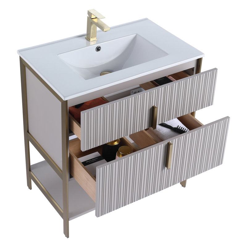  Meuble-lavabo moderne avec plateau en céramique blanche Serenity, Taupe vif / laiton, 30"