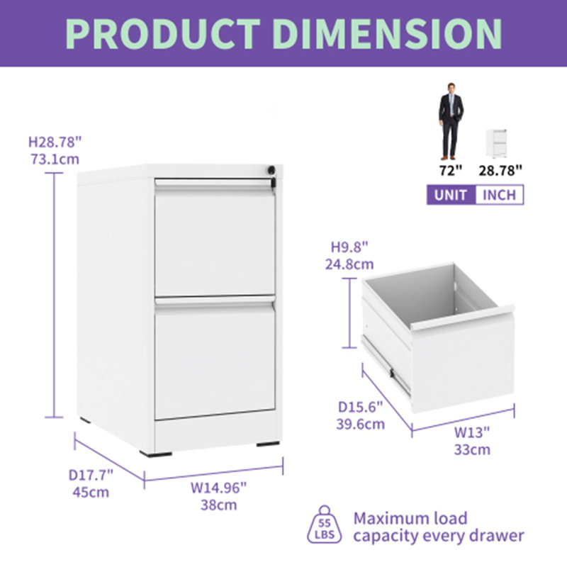 2-Drawer Lockable Metal Vertical File Cabinet for A4/Legal/Letter Size - Efficient Office & Home Storage, White