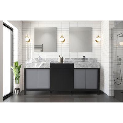 Noir et gris 80 po Meuble-lavabo double avec comptoir en marbre et robinet à fermeture en douceur, deux armoires, trois tiroirs, teinture grattée, armoires de comptoir spacieuses avec rangement gris