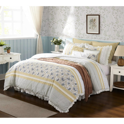 Couette jaune King - Décoration de chambre shabby chic en coton 9 pièces avec taies d'oreiller européennes et coussins décoratifs