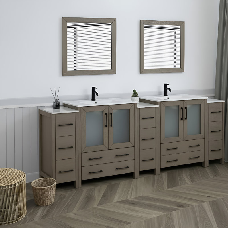 Modern 96" Double Bathroom Vanity Set with Mirror, Dark Gray