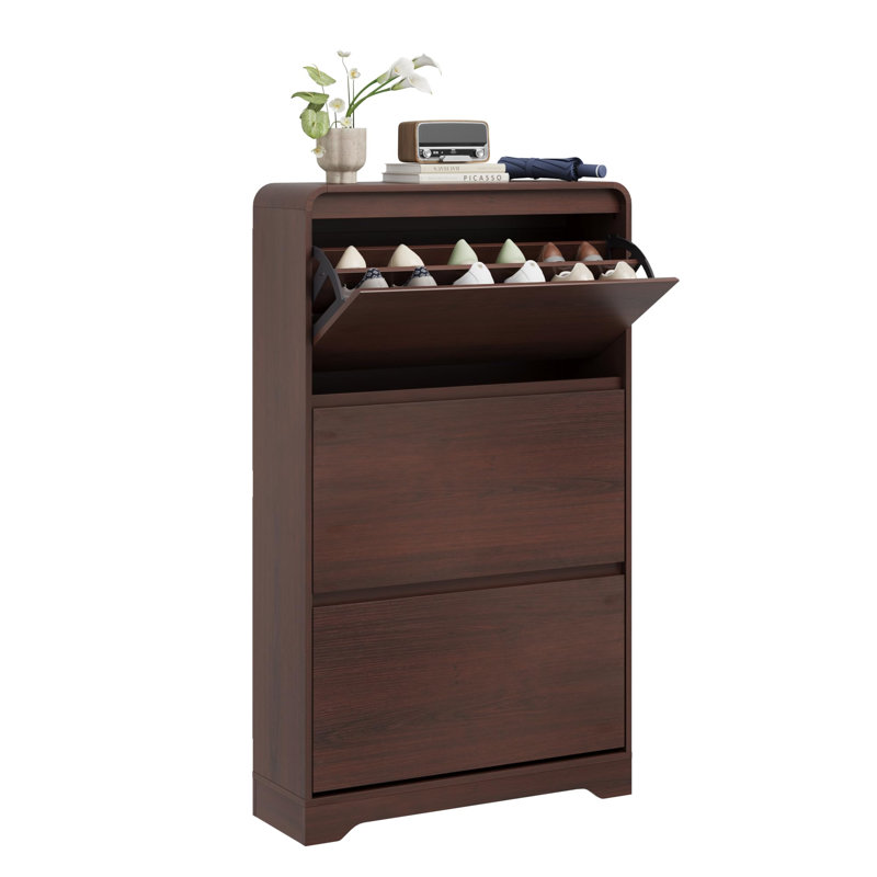 Armoire à chaussures étroite avec 3 tiroirs rabattables, organisateur d'entrée mince avec poignées dorées, 10,25 po de profondeur, brun