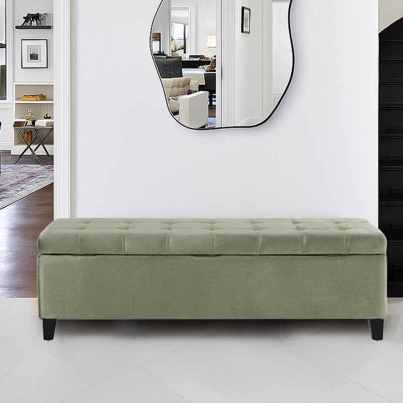 Banc de rangement rembourré en velours avec dessus capitonné et compartiment caché pour entrée moderne ou repose-pieds de chambre à coucher
