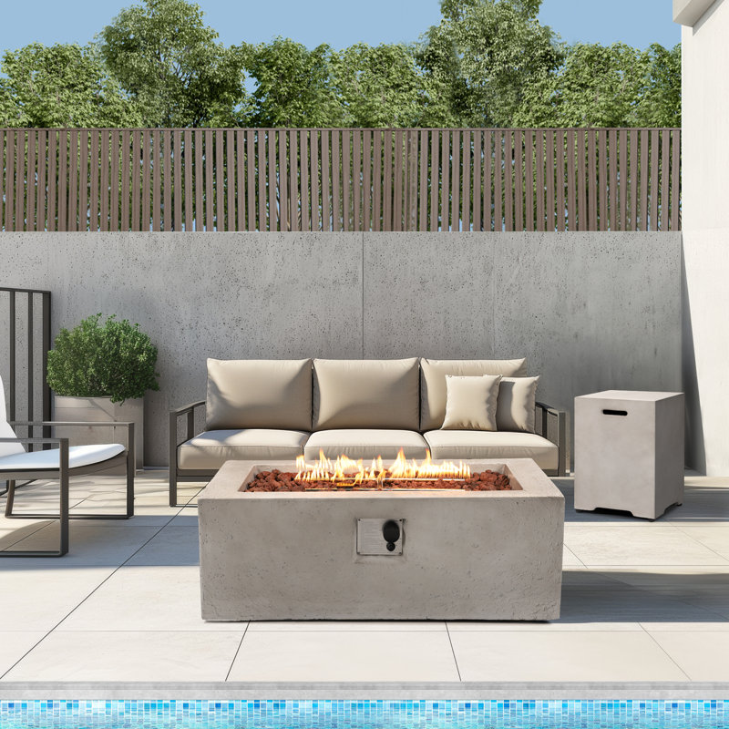 42" Rectangular Concrete Propane Fire Pit Table – 50,000 BTU Outdoor Gas Fireplace with Lava Rocks & Tank Cover Table for Patio, Deck