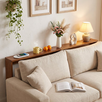82-Inch Narrow Long Behind Couch Sofa Table with Power Outlets and USB Ports, Solid Wood