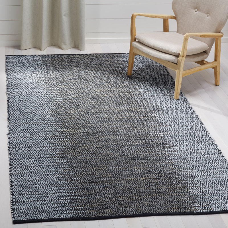 Phillis Vintage Leather Hand Woven Leather/Cotton Geometric Rug in Light Gray/Gray, Rectangle 5' x 8'