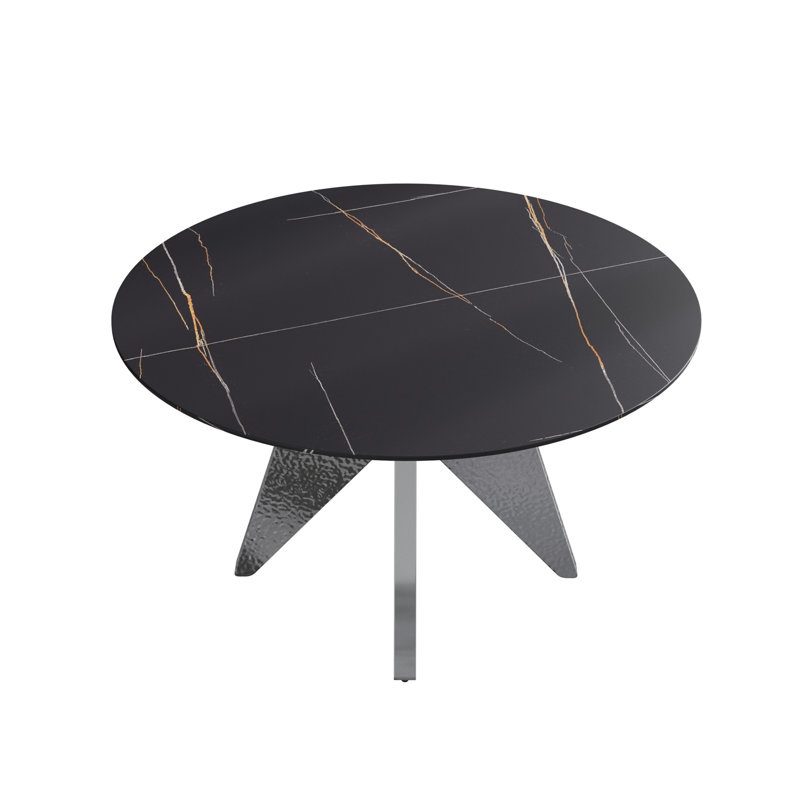 Table de salle à manger ronde en marbre 53 po avec base en acier inoxydable argenté, marbre artificiel pour 6 personnes, table de salle à manger / cuisine de salle à manger, noir (table de salle à manger seulement)