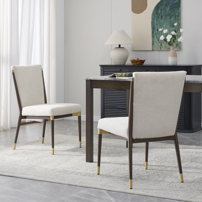 Blondell Modern Glam Iron Upholstered Armless Dining Chair with Toothpick Back, Beige Cushion/Brown Frame