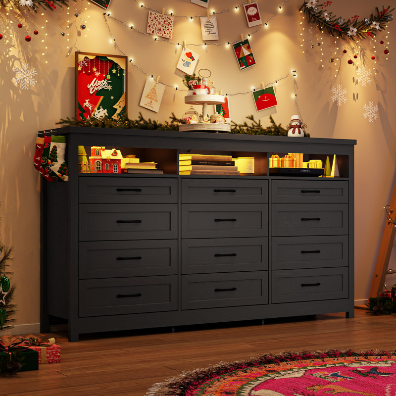 Commode 12 tiroirs 70,87 po, commode longue avec lumières DEL et station de charge, commode, Noir