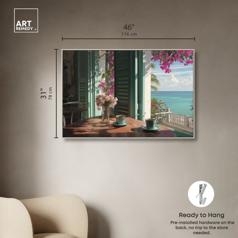 «Morning Coffee Ocean View», impression sur toile encadrée par Art Remedy, cadre argenté, 45 x 30, 31"H x 46"W, Silver Frame