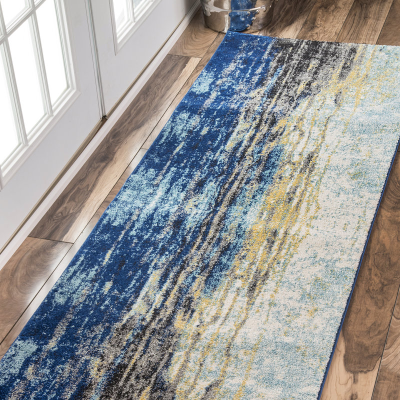 Melanarka Abstract Power Loom Performance Blue Rug, Runner 2'8" x 12'