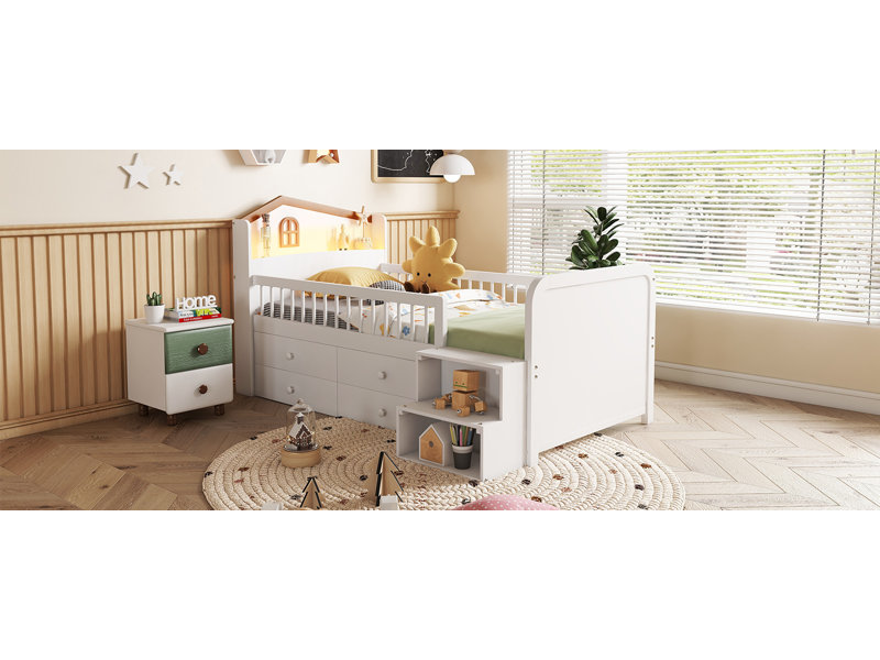 Lit mezzanine bas avec lumières DEL, lit mezzanine simple en bois avec tête de lit en forme de maison, lit mezzanine pour enfants avec tiroirs de rangement, blanc