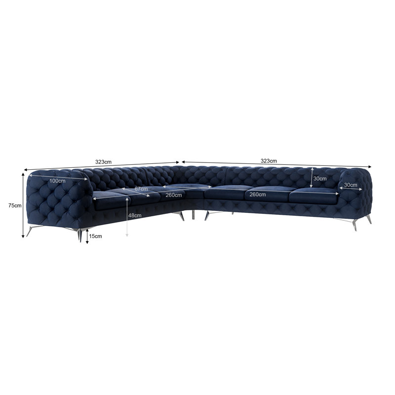 Chesterfield Corner Sofa L-Shape  with Silver Metal Legs, Navy Blue