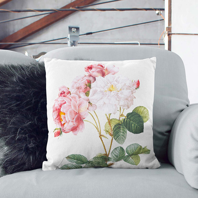 Damask Roses In Pink Square Throw Cushion, 40cm H x 40cm W x 15cm D, Stone
