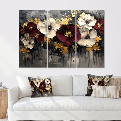 Burgundy Poppies Dreamscape At Night II - Poppies Wall Art - Set Of 3