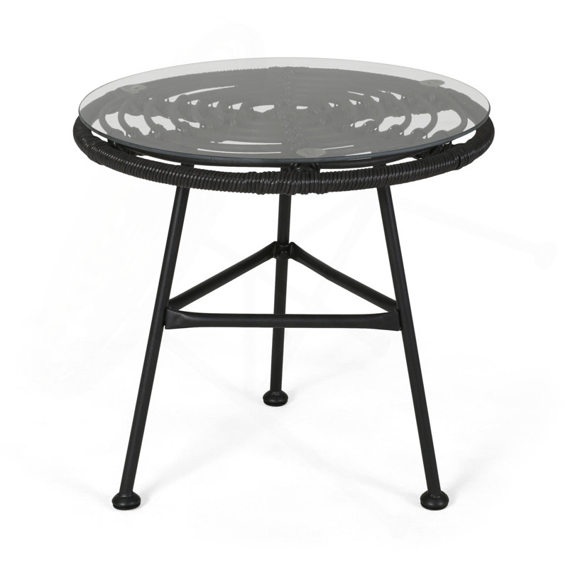 Tee Outdoor Side End Table, 20 Inch Rattan Weave With Glass Top, Gray, Gray