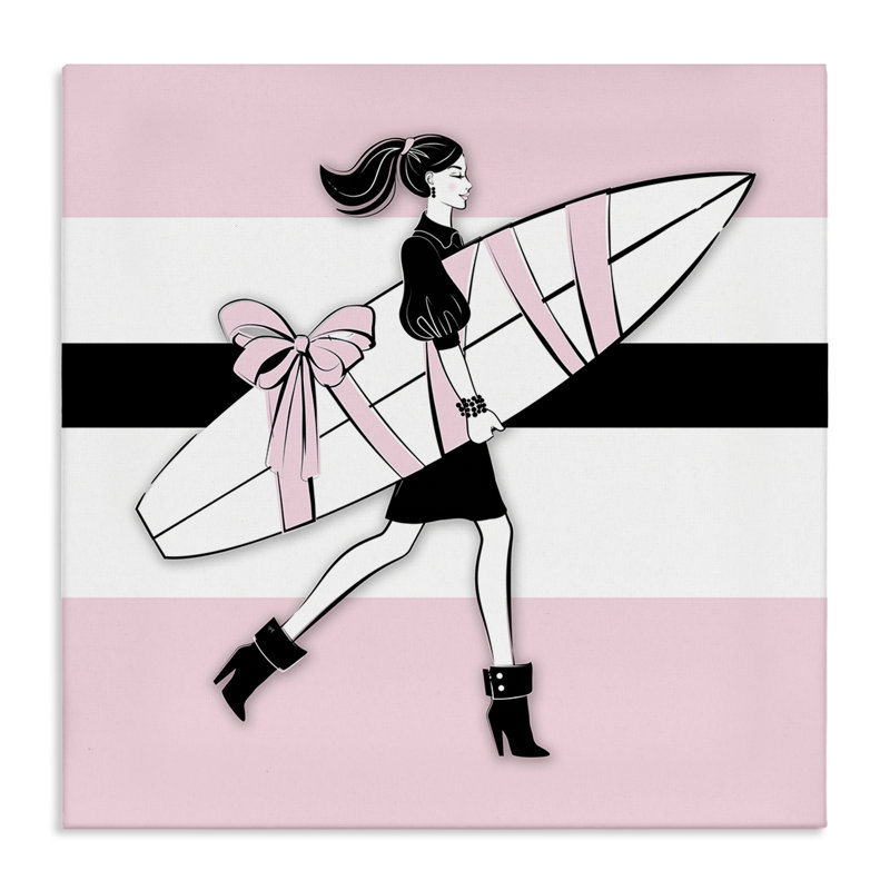 «Glam Girl with Surfboard», art mural sur toile par Martina Pavlova, H 24 po x l 24 po