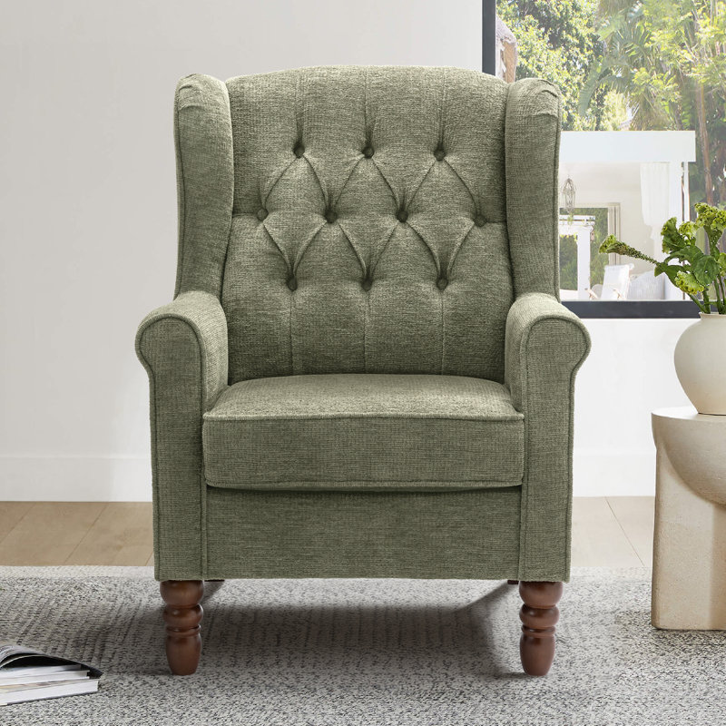 Button-Tufted Small Wingback Accent Chair with Rolled Arm and Thick Padded Cushion, Green Performance Twill