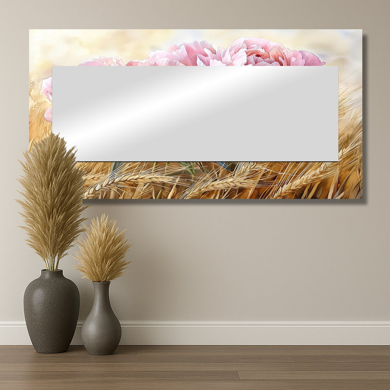 Peonies In The Wheatgrass Field II - Floral Decorative Mirror Wall Art - Printed On Metal, 28" x 55"