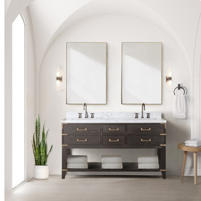 Meuble-lavabo double en chêne brun 60 po X P 22 po D, avec plateau en marbre de Carrare