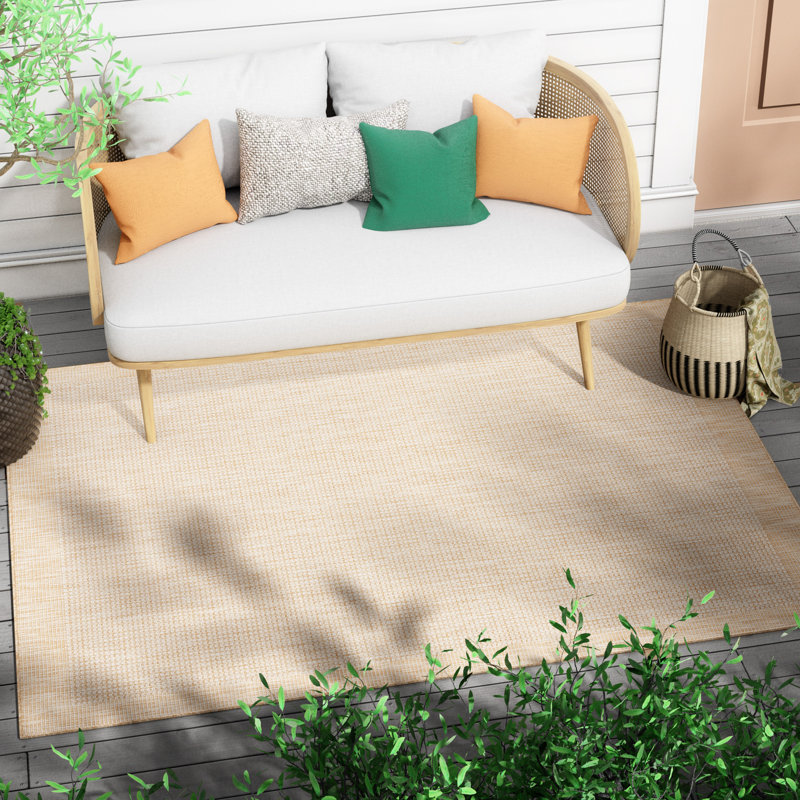  Medusa Odin Solid Color Striped Border Indoor/Outdoor Ivory Flatweave Rug, Rectangle 5'3" x 7'3"