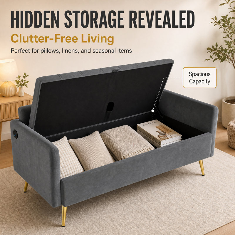 60" W Storage Sofa With 2 USB Charging Ports