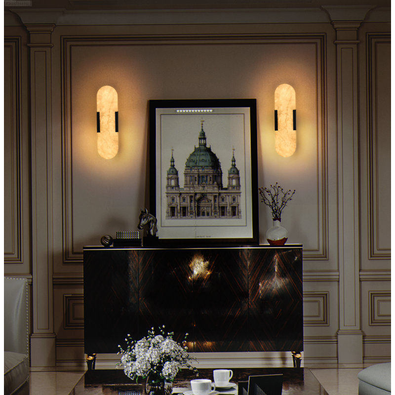 Ensemble de 2 appliques murales linéaires modernes à DEL intégrées en albâtre naturel, noir mat, S, Matte Black