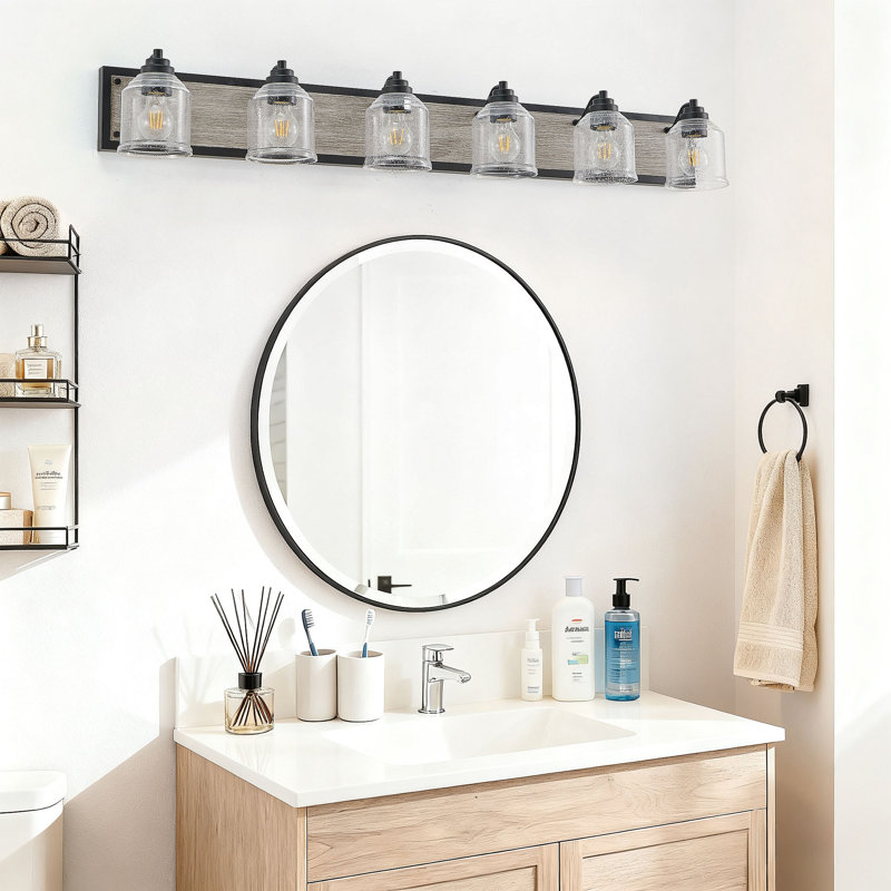 Franchelle Farmhouse Vanity Lighting, Black Wall Sconce With Clear-Seeded Glass Shades, Moisture-Resistant Iron Back Panel