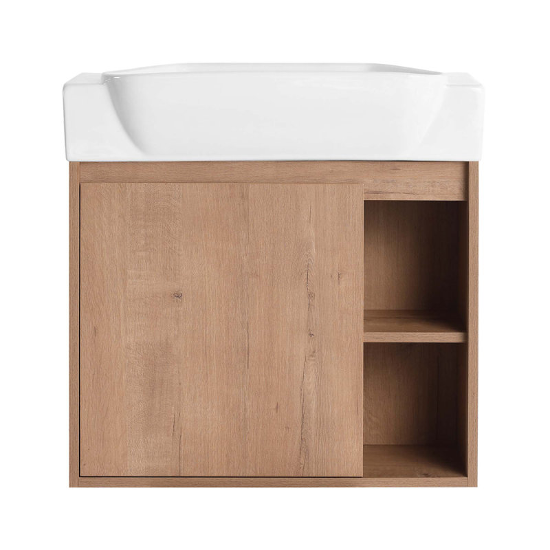 Meuble-lavabo mural 24 po avec lavabo en céramique, porte à fermeture en douceur et tablettes ouvertes, emballage KD
