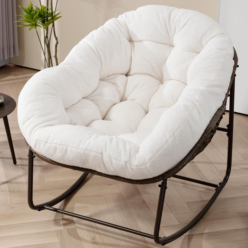 Wicker Rocking Chair With Metal Frame, White Teddy