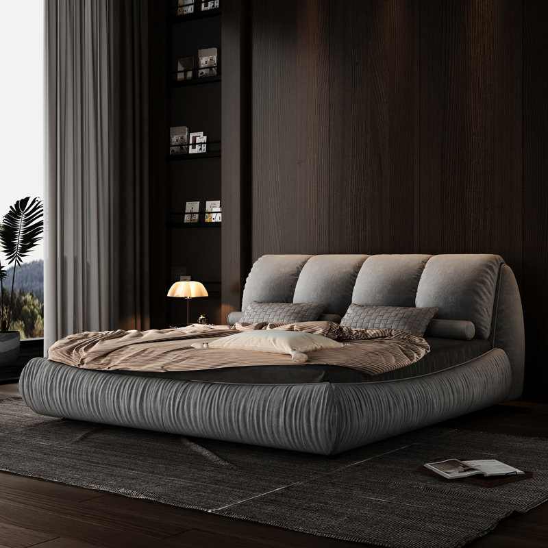 Très grand lit plateforme moderne avec structure en bois massif et en tissu gris non rembourré, Très grand lit, Gris