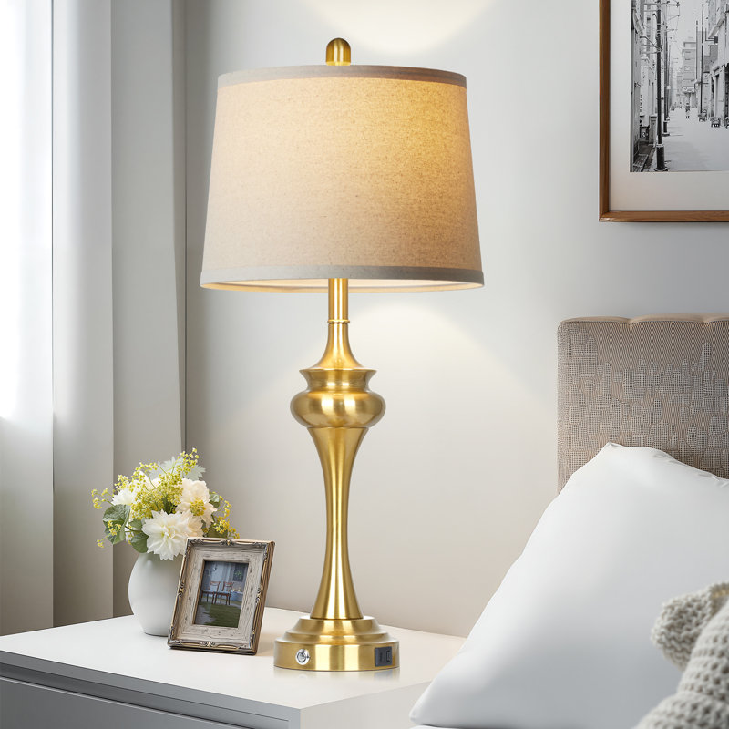 Modern 30'' Gold Table Lamp Set with USB & Type-C Ports, Oatmeal Linen Shade, Gold